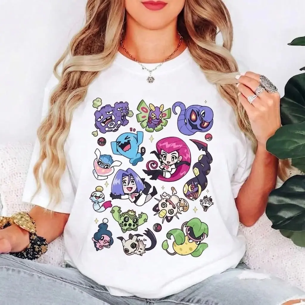 Pokemon Team Rocket Graphic T-Shirt Chibi Jessie James & Meowth Anime Tee Cute Gaming Aesthetic Streetwear Merch