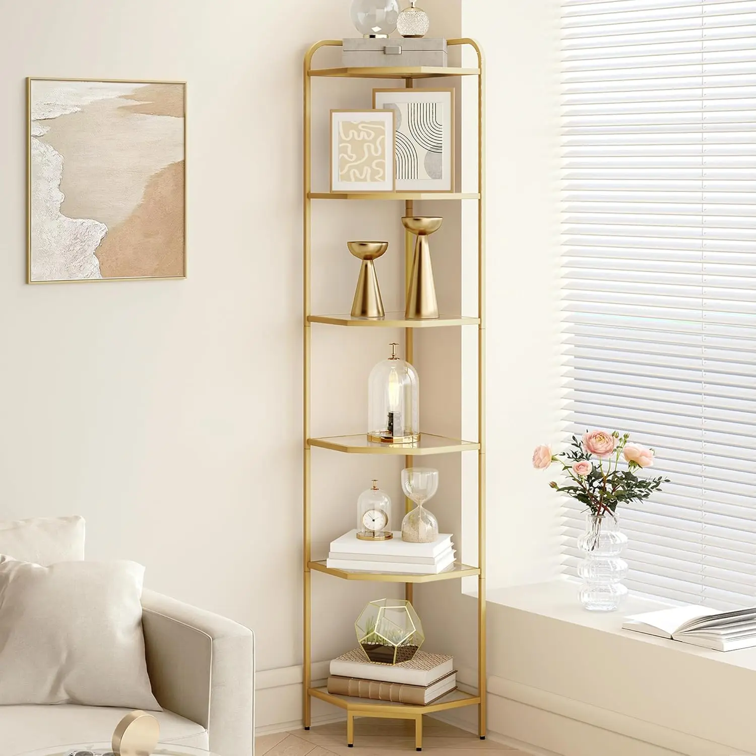 Hzuaneri Modern Corner Shelf Stand - Steel Frame Tempered Glass Shelves, Decor for Home Library Book Nook, Multi-Functional Organizer for Bookworm Lifestyle (Living Room, Bathroom)