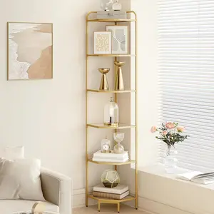 Hzuaneri Corner Shelf Stand,Glass Bookshelf Bookcase, Bathroom Organizer, Plant Stand, Steel Frame, Tempered Glass, Modern Style for Living Room, Bathroom, Kitchen