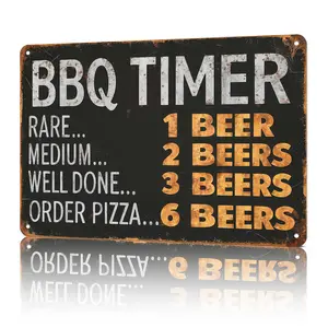 "BBQ Timer Beer" Funny Grilling Metal Sign - 8x12 aluminum backyard decor for BBQ pits, patios, or TikTok grilling reels! Rustic black-and-orange design, ideal for viral BBQ content and gift unboxings for grill masters and beer lovers