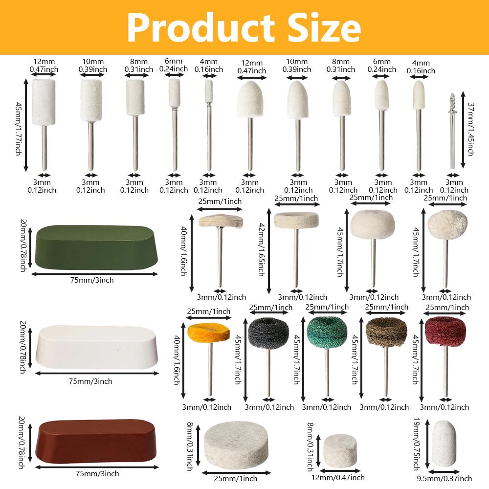  72pcs Wool Felt Polishing Buffing Wheel Heads with Polish Compound Suitable for Jewelry, Watch Repair, Rotary Tools Accessories, 1/8" Shank Buffing Heads for Rotary Grinders, Polish Compound Applicator for Hobbyists & Professionals