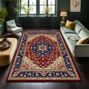 Traditional Persian Medallion Flannel Area Rug - Classic Red & Navy Floral Print Soft Mat for Living Room & Bedroom, Non-Slip Luxury Home Decor #PersianStyleRug #TraditionalMedallionMat #LuxuryHomeDecor #FloralCarpet #NonSlipFlannelRug