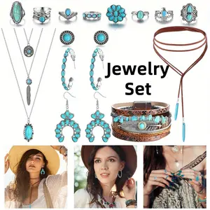 14PCS Bohemian Turquoise Jewelry Set for Women - Stone Western Necklace, Layered Bracelet, Knuckle Rings Dangle Earrings, Boho Party Wedding Festival, Year-Round Layered Looks