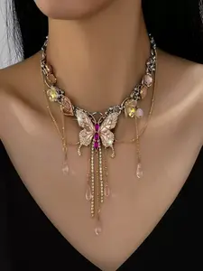 Personalized Punk Style Choker Necklace, Crystal Butterfly Pendant, Thick Chain Layered Design, Women's Party Music Festival Daily Wear