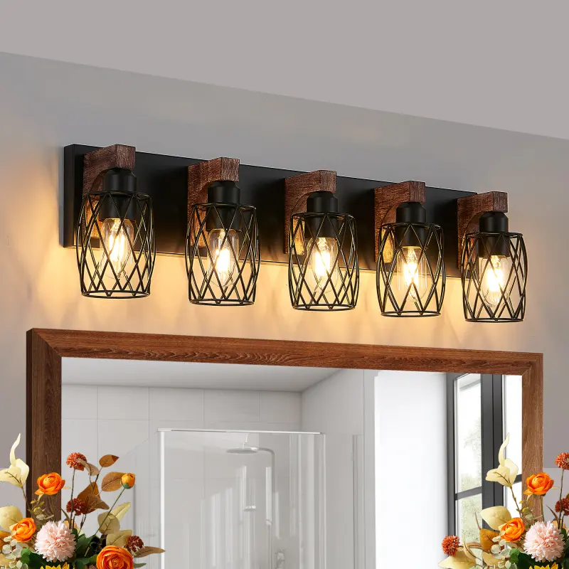 31" Industrial Vintage 5-Light Wall Sconce - Black Cage Wall Lighting Fixture with Wooden Accents for Bathroom, Hallway, or Living Room (Bulb Not Included)