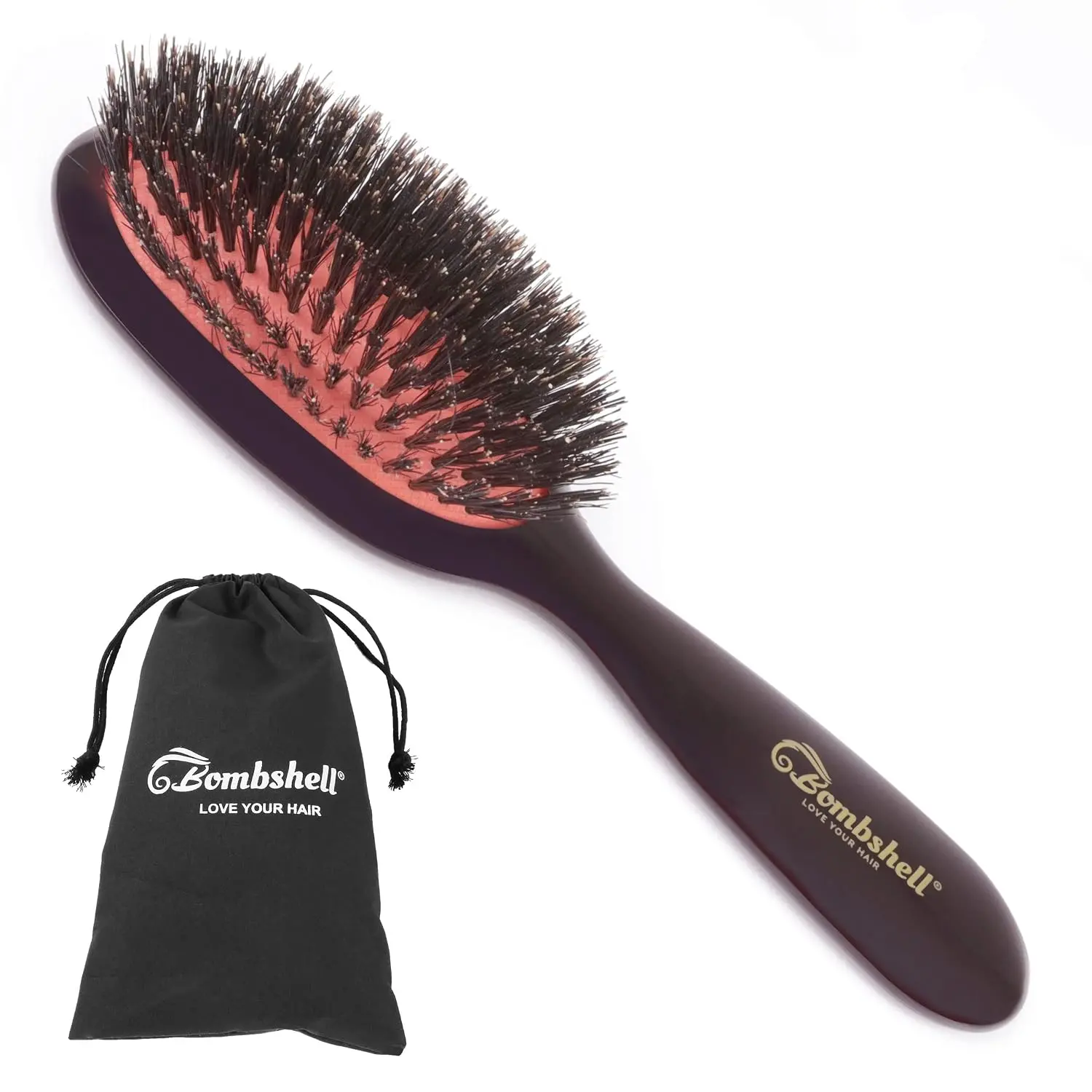 Bombshell Boar Bristle Cushion Hair Brush, 7 Inch Finishing Brush for Smoothing, Updos and Pin Curls, Rubber Cushion Pad, Wood Handle, Travel Size, Women and Men