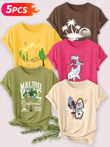 5Pcs Women's Crew Neck T-Shirts, California Beach Dolphin Series Print, Multiple Colors Available, Machine Washable, Spring & Summer Tops, Soft Skin-Friendly Fabric, Daily Versatile, Casual, Fashion Design
