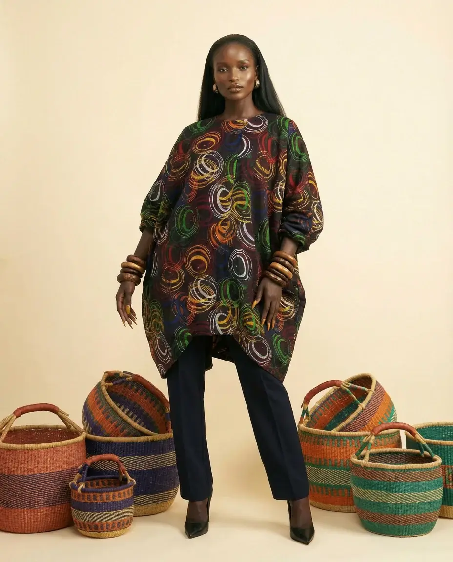 Afufa Ankara Cocoon Dress - Elegant Below-Knee & Pockets