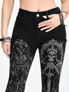 Women's Gothic Skull Print Flared Pants, Halloween Exclusive, Casual All-Season Fitted Pants, All over Print Design