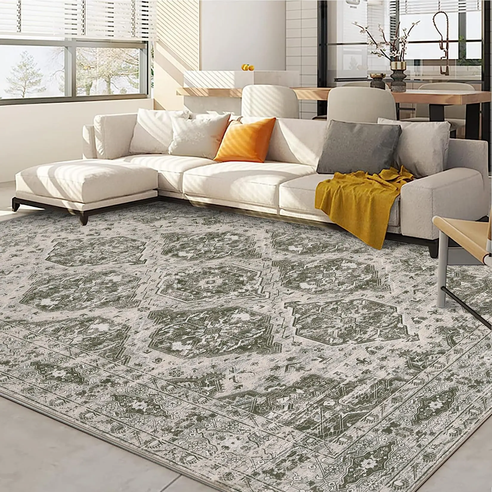 GARVEE 5'x7' Vintage Rug Irregular Medallion Area Rug Ultra-Thin Non Slip Floral Print Indoor Mat for Living Room Dining Room Bedroom Farmhouse Red Borwn