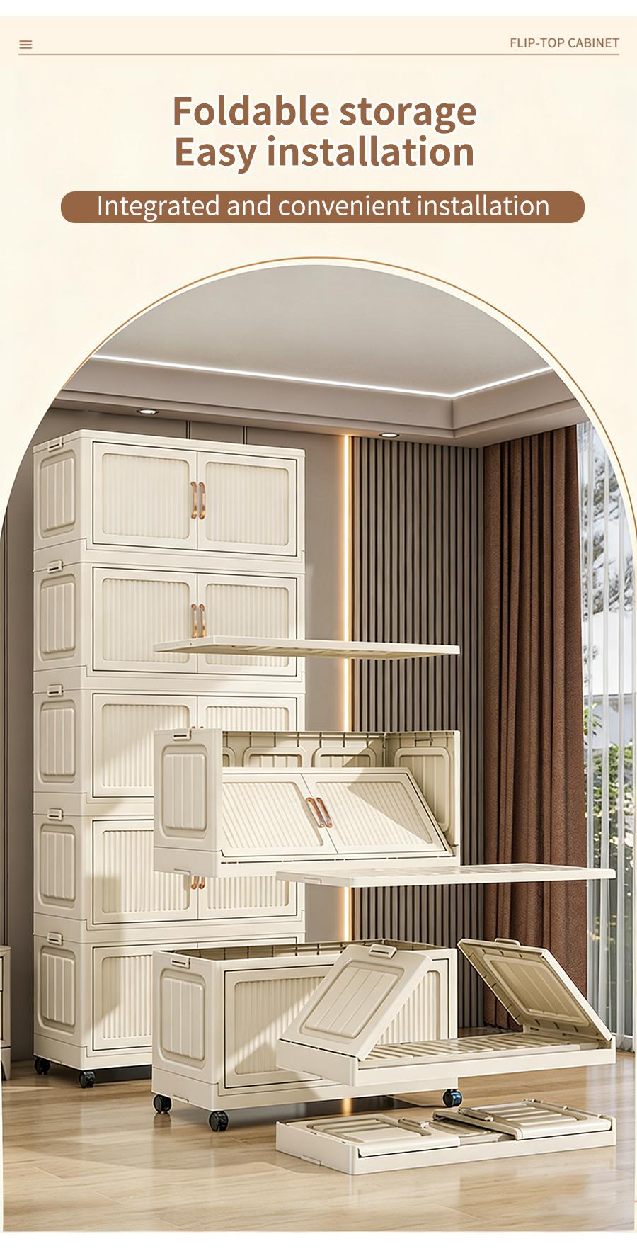 No Assembly Required Foldable Storage Cabinet with Wheels, Large Capacity Double Door Dustproof Closet Organizer for Bedroom, Small Apartment, Rental Home