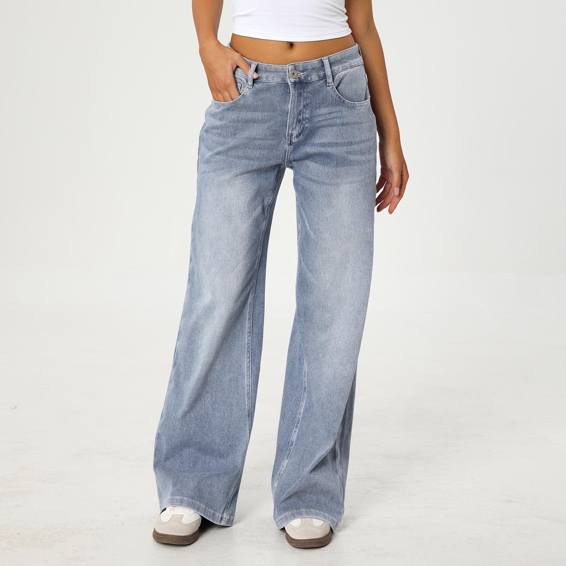 KatchMe Women's Leisure Low-Rise Stretch Multi-Pocket Wide Leg Jeans, Versatile Women's Bottom for Daily Wear Outdoor, Street Trousers, Cozy Womenswear(CN)