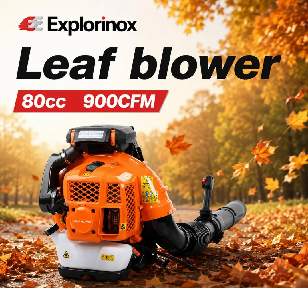 Explorinox Backpack Leaf Blower, 80CC Backpack Gas Leaf Blower, Gas Blower, Up to 900CFM, Powerful Clearing, for Lawn Care Yard Dust Debris (Orange)