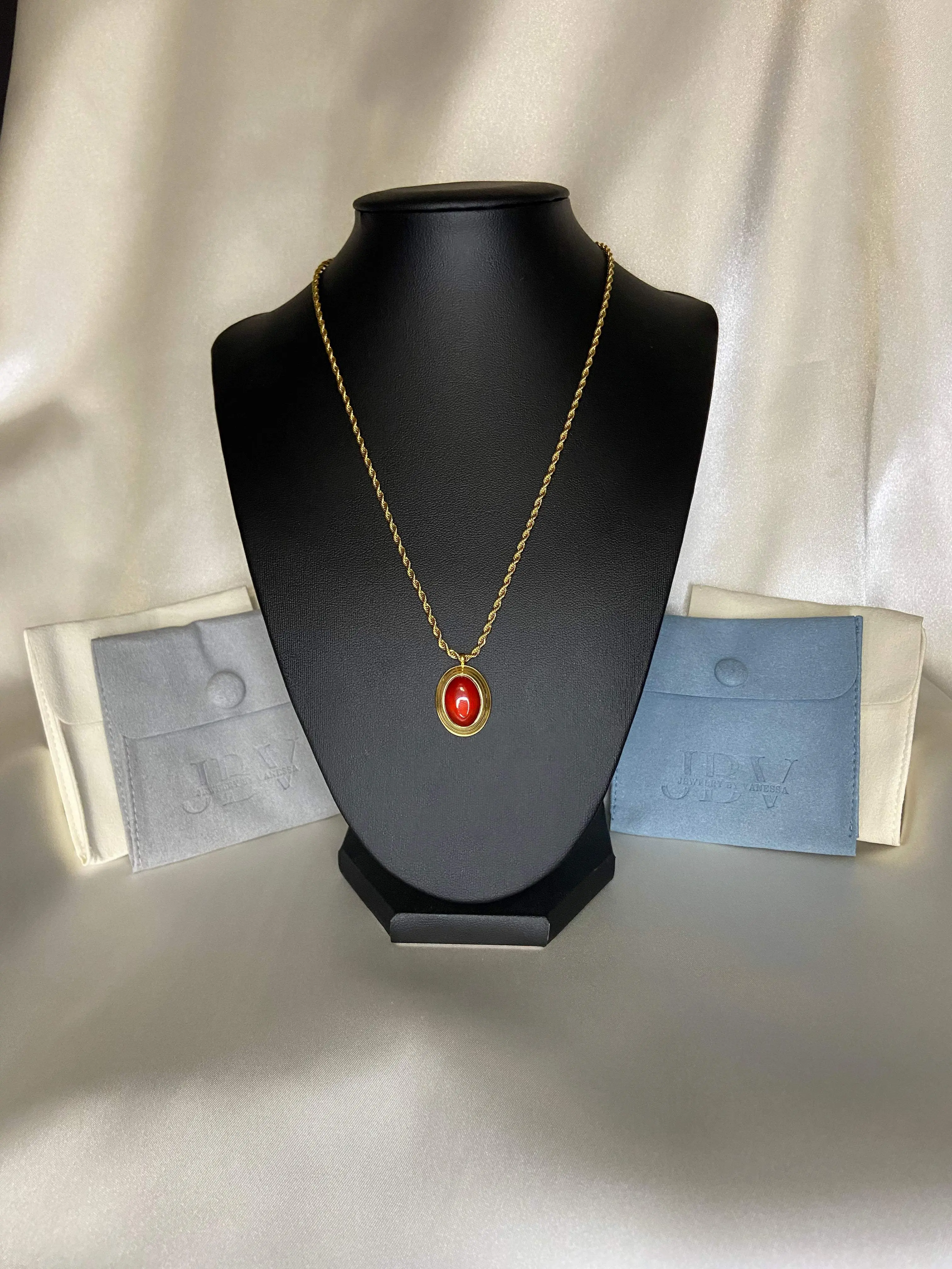 Oval Crystal Necklace with Opal or Red Agate Pendant, Stainless Steel, 18K Gold Plated, 16 inch Chain + 2 inch Extender