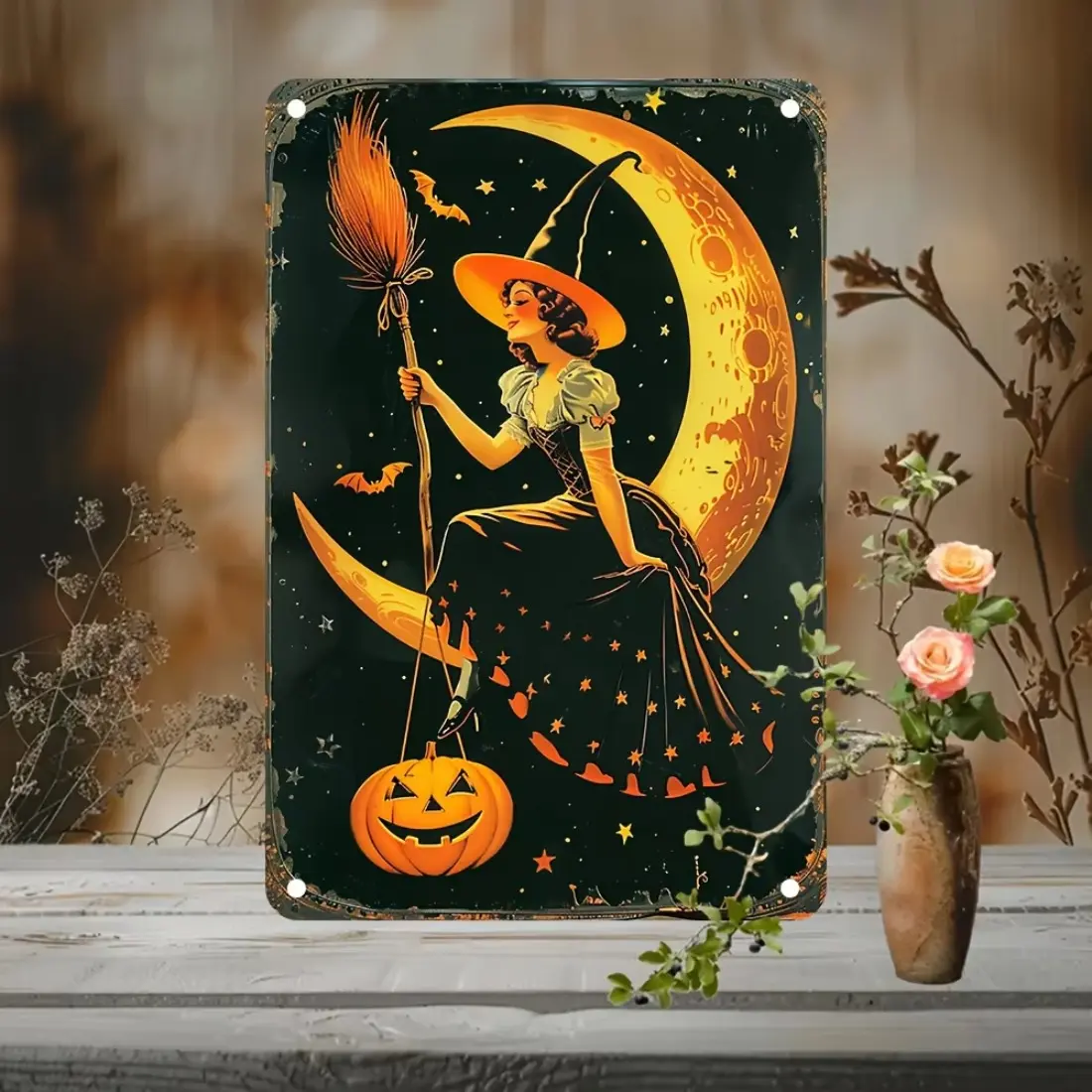 Vintage Halloween Aluminum Sign with Witch & Moon Design, Retro Style Wall Art Decor, Durable Aluminum Material, Perfect for Home Decoration, Home Decor Products, Decor Signs