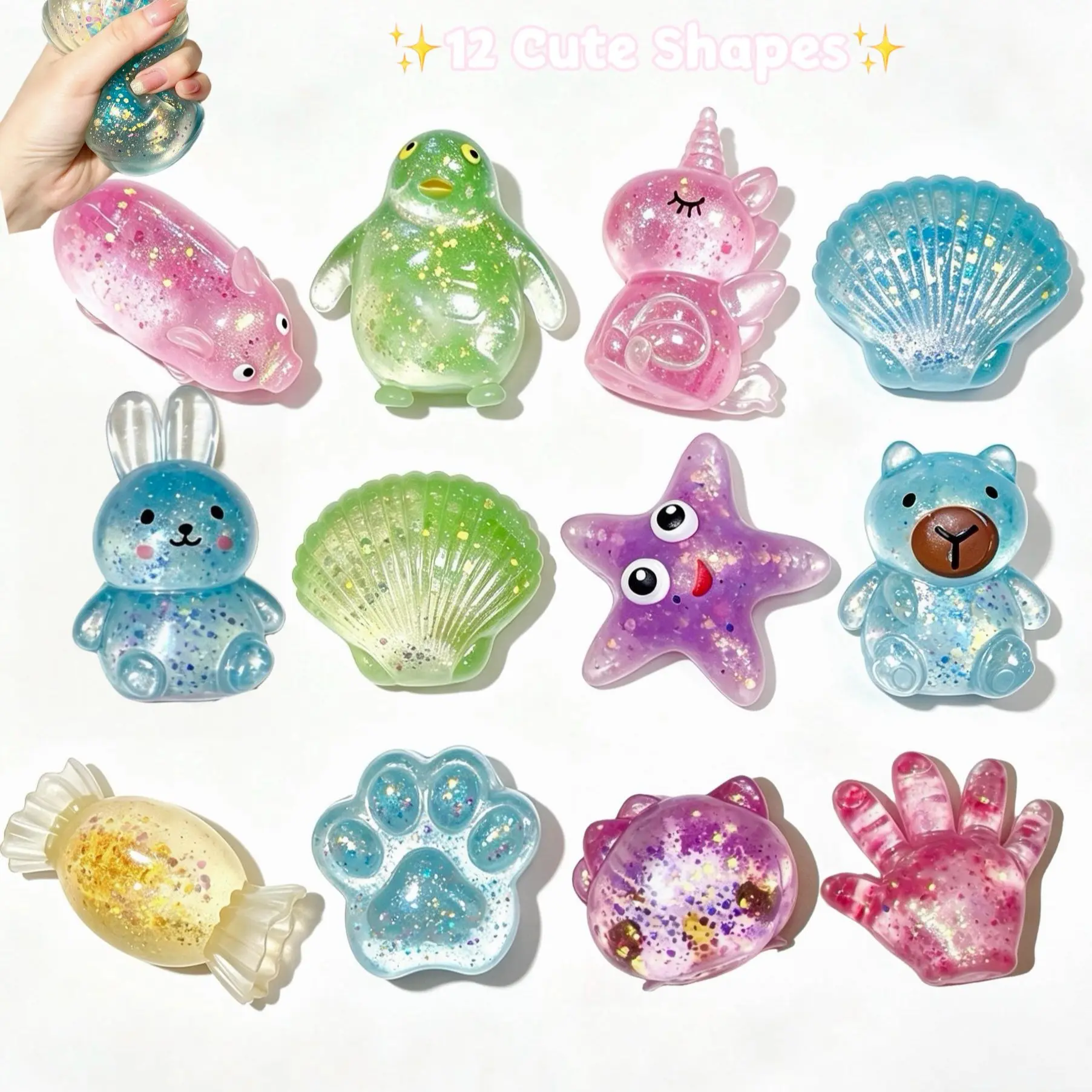3Pcs Sparkly Squeeze Squishy Toys, Random Color Fixed Design – Green Head Fish, Seashell, Pig, Bunny, Unicorn, Starfish, Capybara, Cat Face, Cat Paw, Palm, Malt Candy Shapes, Stress Relief Fidget Toys, Holiday Party Gifts