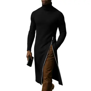 INCERUN Men's Winter High Street Longline Sweater Side Zip Slit Turtleneck Tunic Dress Layering Knitwear Avant-Garde Top