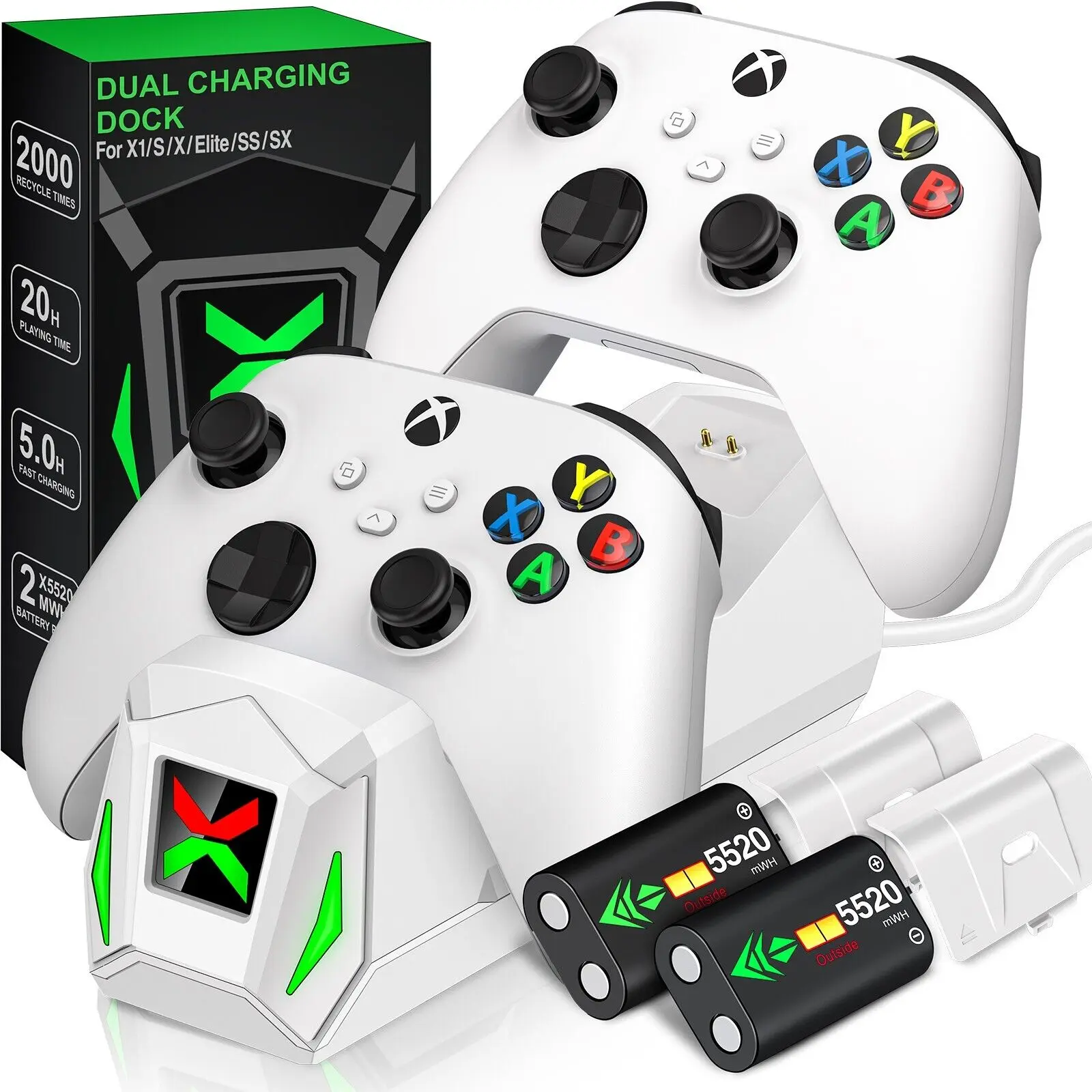 Controller Charger Station with 2x5520mWh Rechargeable Battery Packs for Xbox One/Series X|S Controller,Dual Charging Dock for Xbox One Controller Battery Pack with 4 Battery Covers for Xbox (White/Black)