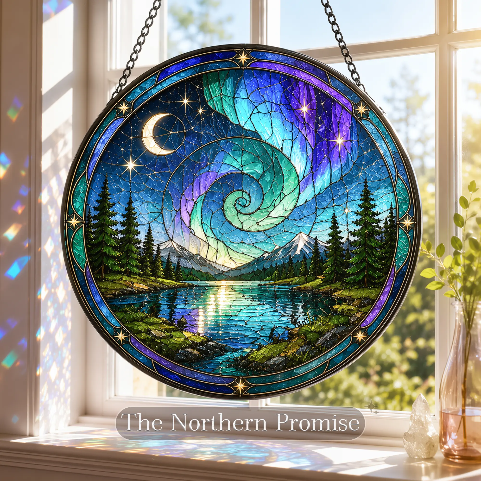 The Northern Promise Stained Glass Style Suncatcher, Northern Lights and Mountain Lake Window Hanging, Nature Inspired Home Decor, Gift for Nature Lovers