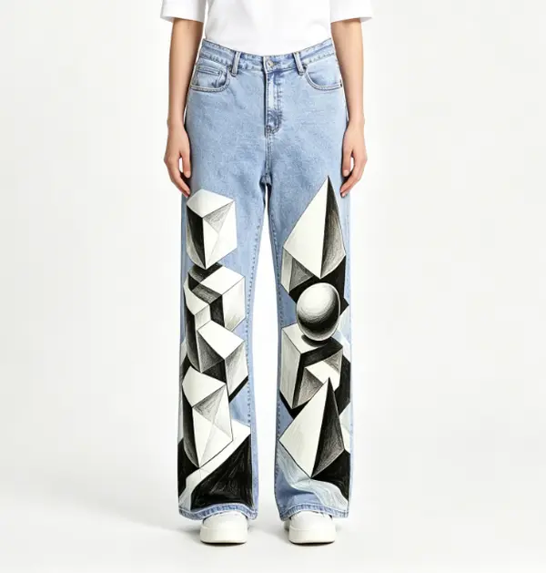 Light Wash High Waist Monochrome 3D Cuboid Sphere Geometric Pencil Sketch Print Wide Leg Jeans Women Modern Indie Abstract Street Loose Bootcut Denim Trousers, Art Sketch Printed Pattern