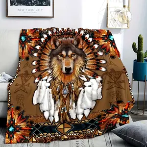 Wolf Dreamcatcher Print Blanket, Indigenous Indian Ethnic Style Flannel Blanket, Soft Warm Throw Blanket Nap Blanket For Couch Sofa Office Bed Camping Travel, Multi-purpose Gift Blanket For All Season