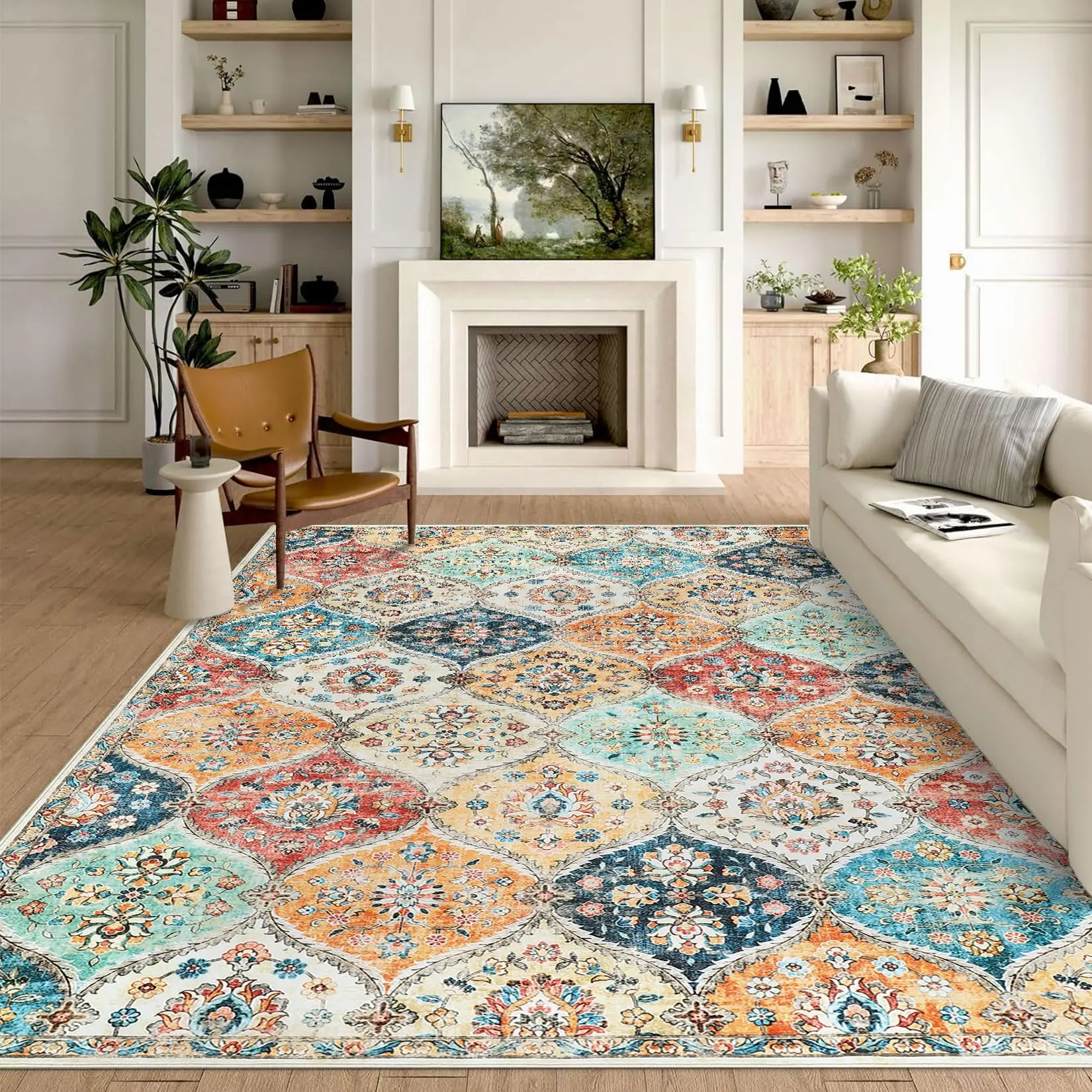 【GARVEE】Washable Area Rugs 5x7 Rug Soft Carpet with Non-Slip Backing, Stain Resistant and Low Pile Faux Wool Accent Oriental Carpet, Vintage Printed Rugs for Dining Room Living Room, Bedroom, Orange