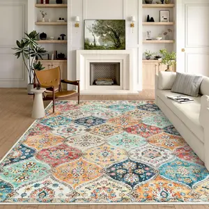 【GARVEE】Washable Area Rugs 5x7 Rug Soft Carpet with Non-Slip Backing, Stain Resistant and Low Pile Faux Wool Accent Oriental Carpet, Vintage Printed Rugs for Dining Room Living Room, Bedroom, Orange