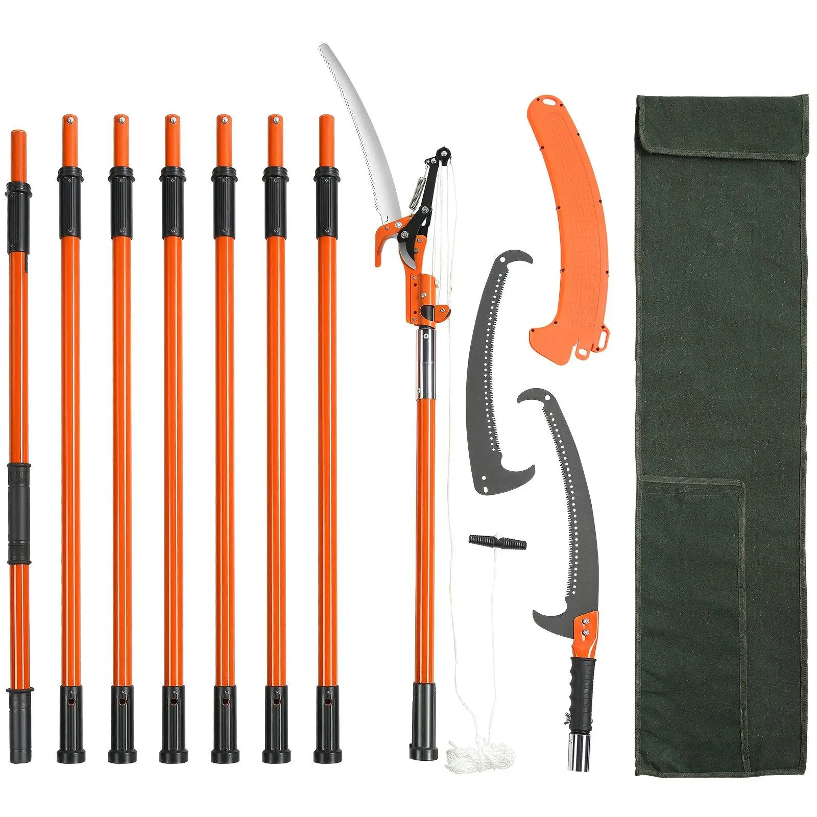 VEVOR Manual Extended Pole Saw, Adjustable Height 7.3-27 ft with 8 Fiberglass Handles, Double Lock Joint, 0.05" / 1.2 Mm Carbon Steel Blade, 11 lbs Lightweight Branch Pruning Tool for Palm & Shrub High Trimming, Garden Tool