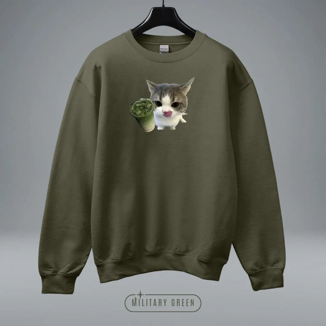 Matcha Obsessed Cat Shirt, Funny Animal Meme Top, Iced Latte Lover Gift, Cute Kitten Graphic, Morning Coffee Vibe, Unisex Pullover