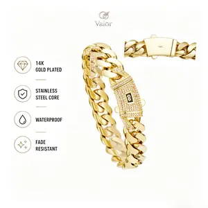 14K Real Gold Plated Miami Cuban Link with Diamond Clasp Bracelet Thickened Link Chain The Non-Allergenic Hypoallergenic  New Gold-Plated Craftsmanship Waterproof Fade-Resistant Material for Men Women Valtentine's Day Gift