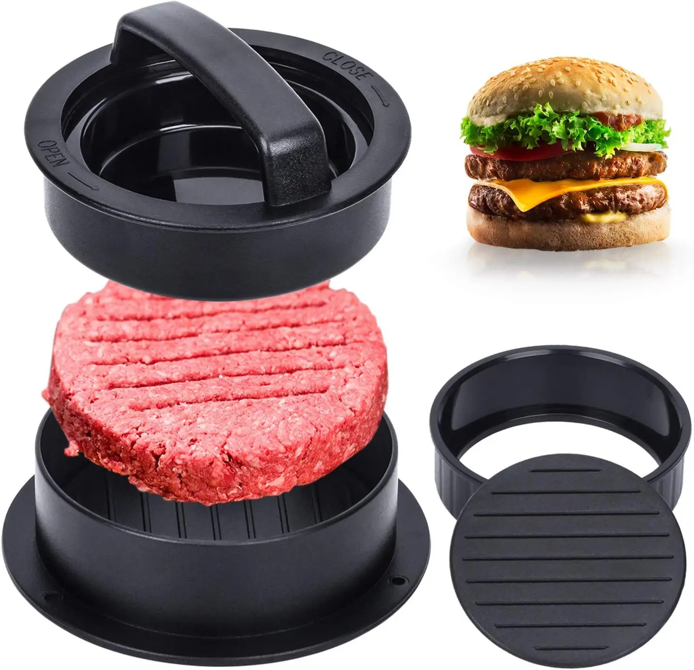 Burger Press, Hamburger Press Patty Maker With 100 count Hamburger Patty Paper, 3 in 1 Non Stick Patty Mold for Stuffed Burgers, Sliders, Veggie Beef Burger, Kitchen Barbecue Tool Grilling Accessories