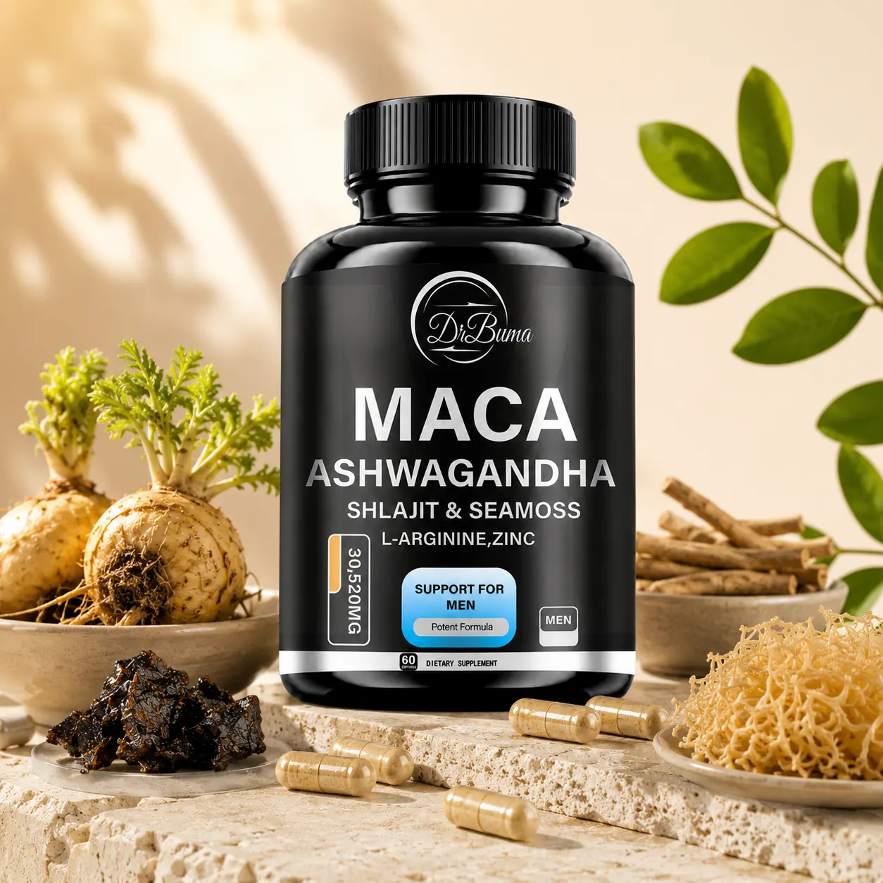 Men's Daily Wellness Supplement 60 Capsules, Maca Ashwagandha Shilajit Sea Moss Complex Formula, Herbal Plant-Based Blend with L-Arginine & Zinc, Convenient Bottle for Everyday Nutrition Support