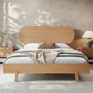 Queen Size Bamboo Platform Bed with Round Shape Headboard and Little Footboard, Solid Bamboo-made Bed Frame with Support Slats, Full/Queen/King Bed Frame for Bedroom, Guest Rooms, Dorms,