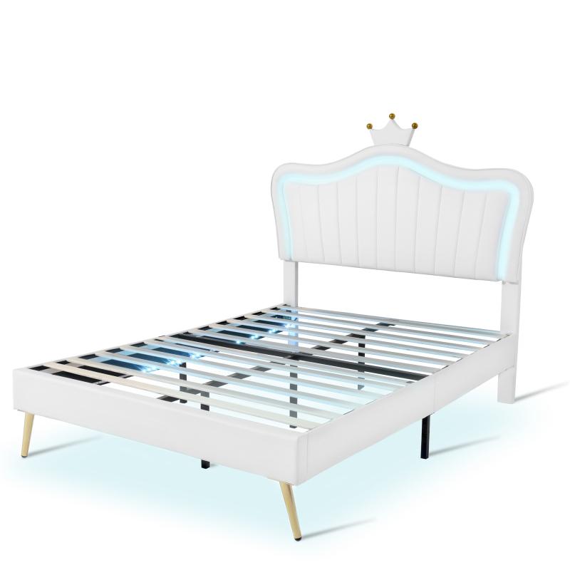 【Bellemave】Twin Size Upholstered Bed Frame with LED Lights,Modern Upholstered Princess Bed With Crown Headboard,White