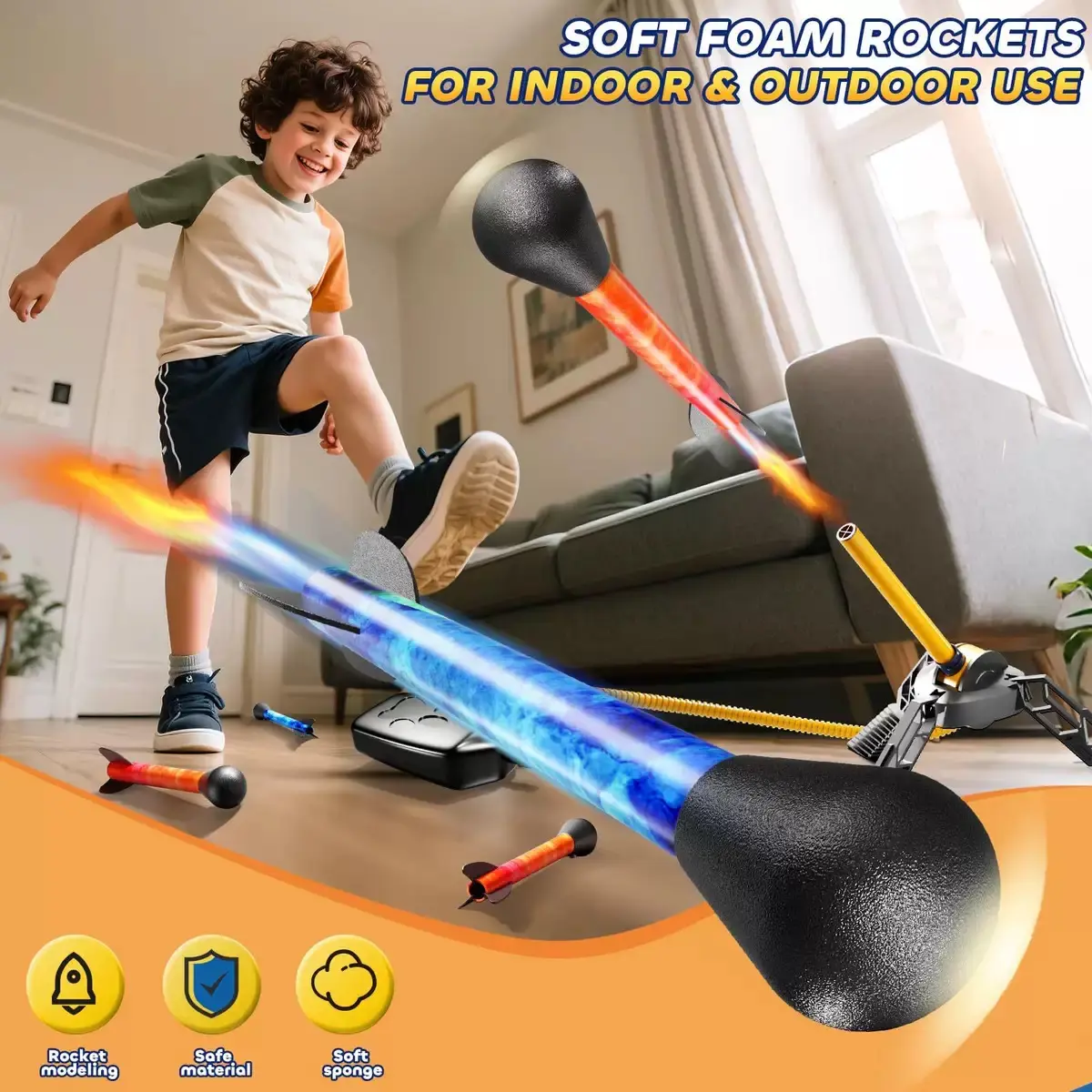 Child-Powered Foam Rocket Launcher - Light-Up Stomp Flying Rocket Toy, Unisex Outdoor Sports STEM Science Toy with Memory Training and Observation for Ages 3+