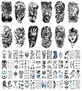 68 Sheets Waterproof Temporary Tattoos Stickers, Realistic Long Lasting Animals & Flower Designs, Rose, Wolf, Tiger, Lion, Owl, Skeleton Skull Etc