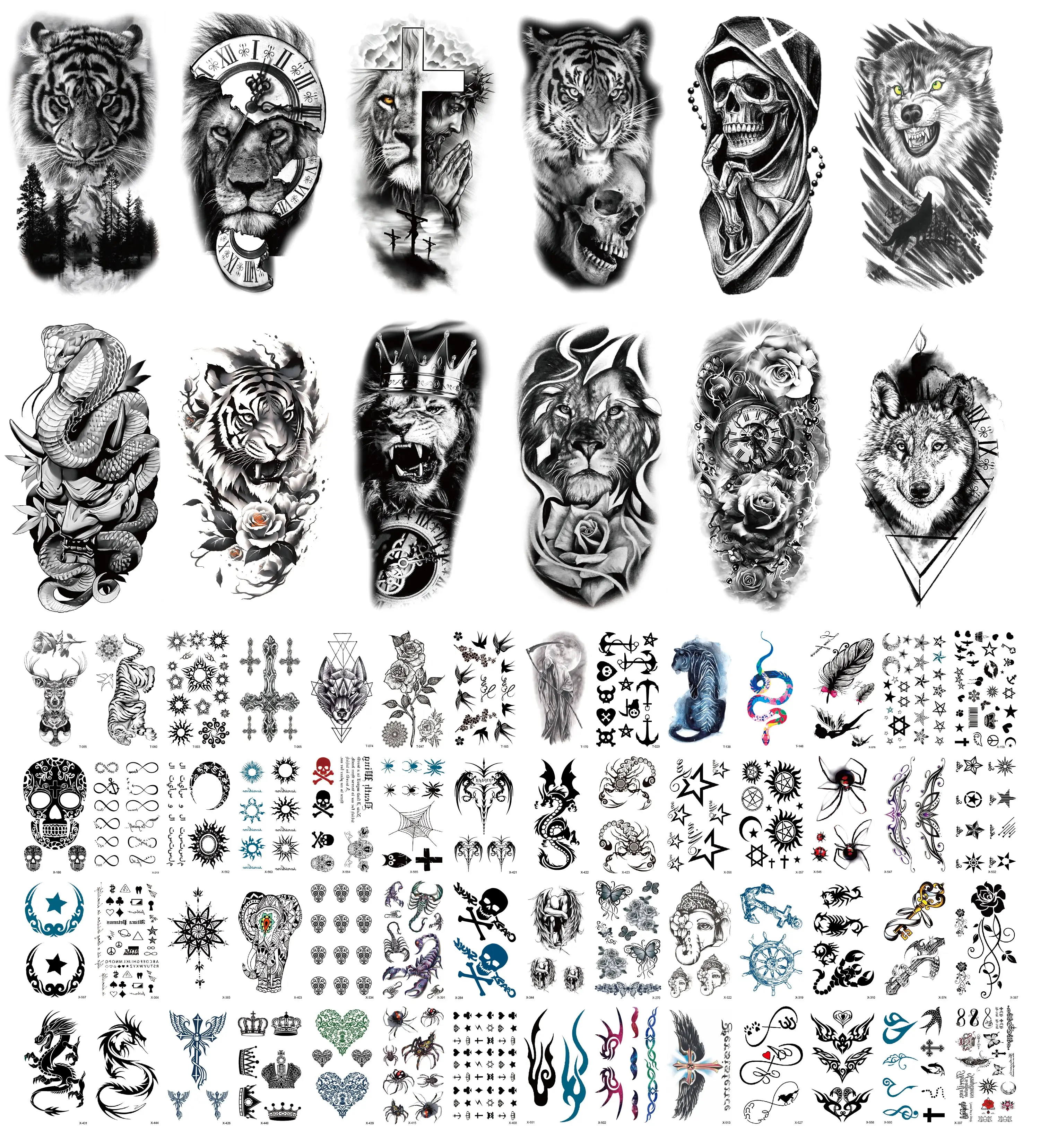 68 Sheets Waterproof Temporary Tattoos Stickers, Realistic Long Lasting Animals & Flower Designs, Rose, Wolf, Tiger, Lion, Owl, Skeleton Skull Etc
