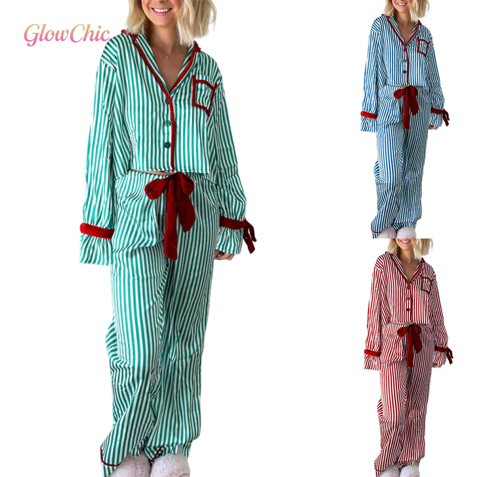 TikTokShopBlackFriday Christmas Womens Striped Pajama Set Long Sleeve Button-up Crop Tops Bow Long Pants 2 Piece Sleepwear Outfit