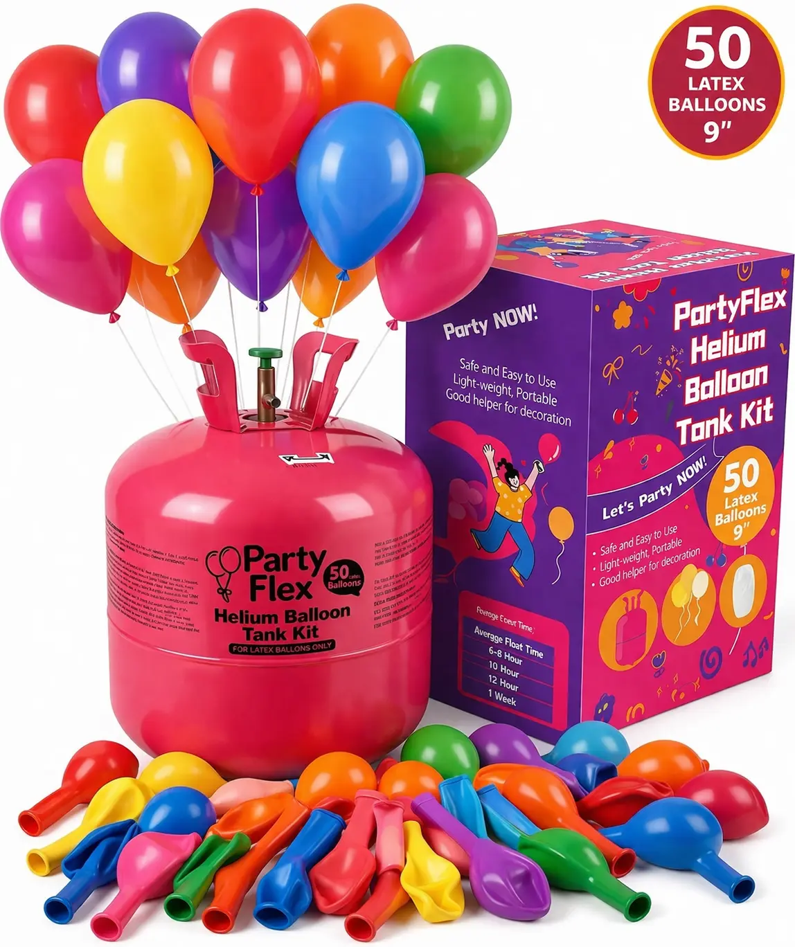 PARTY FLEXHelium Tank for Balloons – 13L Disposable Helium Balloon Tank Kit Fills Up to 50 Balloons – Includes 50 Balloons – Portable Helium Tank for Birthday, Wedding & Party Decorations
