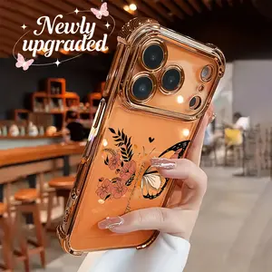 Trendy electroplated floral butterfly Four-corner Thickened Mobile Phone Case for iPhone 17 Air 16 15 14 13 12 11 Pro Max Plus border Electroplating with counter-fall Safety Cushion 2D printing Cellphone Smartphone