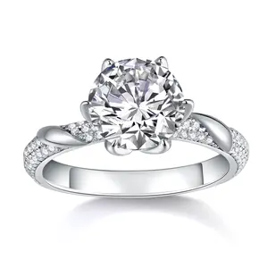 [TW] "Victoria" 3ct Floral Round Cut Moissanite Engagement Ring Tulip Prong Half Iced Out Micro Pave Band Solid S925 Sterling Silver 18k Platinum Plated Ring VVS1 D Color  Perfect Gift For Her Birthday Valentine Propose (R12992)