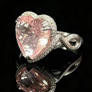 Giant Heart Rose Quartz Statement Ring 925 Sterling Silver Adjustable Band 15.2×15.4mm Natural Pink Crystal Halo Cocktail Ring Gift for Her