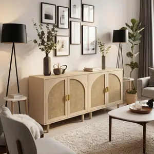 Oakault Set of 2 Rattan Sideboard Buffet Cabinet with Storage, Wood Storage Cabinet with Doors and Shelves, Boho Cabinet for Living Room, Kitchen, Entryway (Beige)