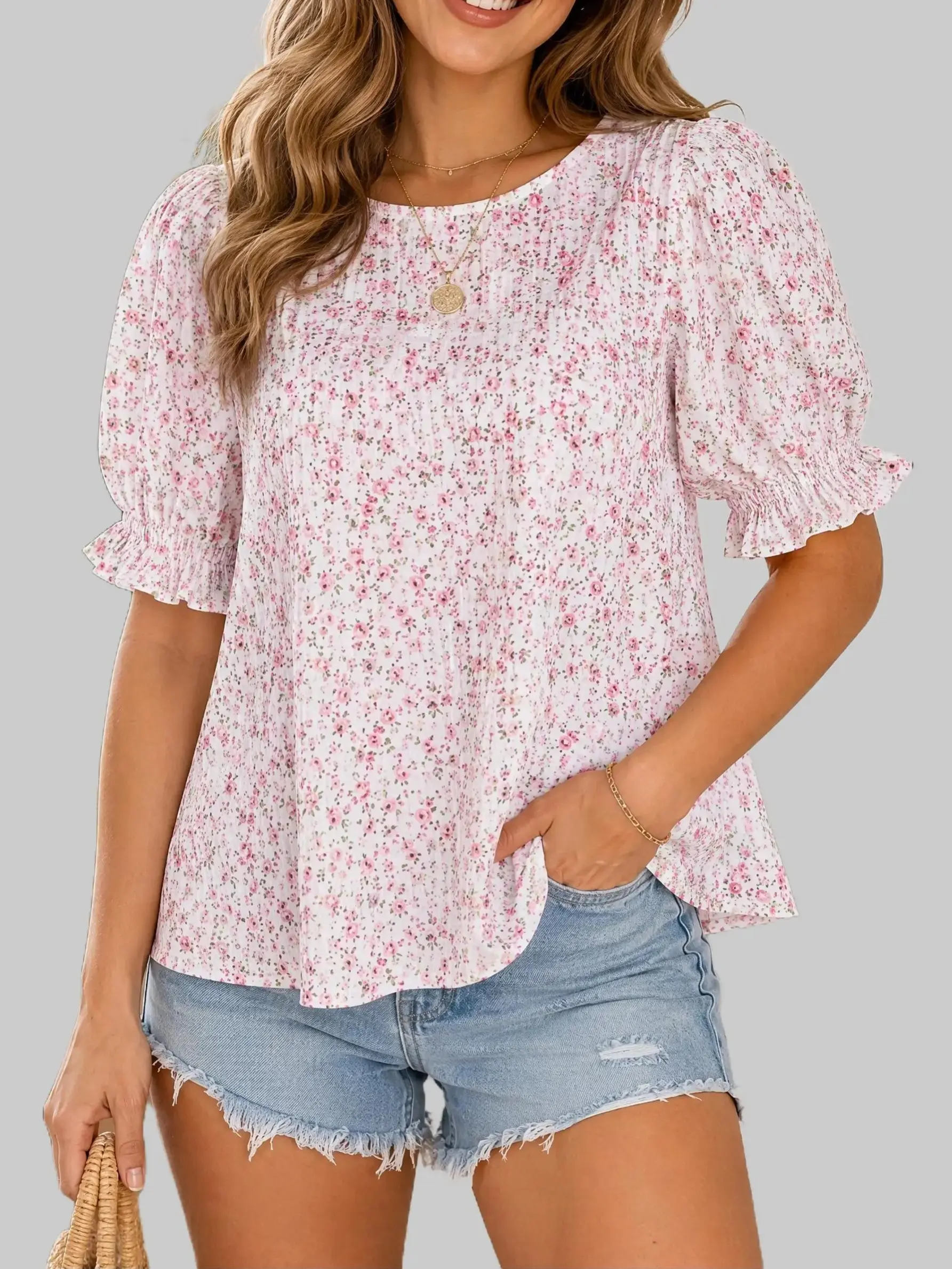 ZEAGOO Women's Floral Print Crewneck (Round Neck) Smocked Puff Short Sleeve (Shortsleeve) Dressy Casual Top for Spring, Springtok, Lady, Tops, Thanksgiving, Trendy Blouses, Puff Sleeve, Springfashion
