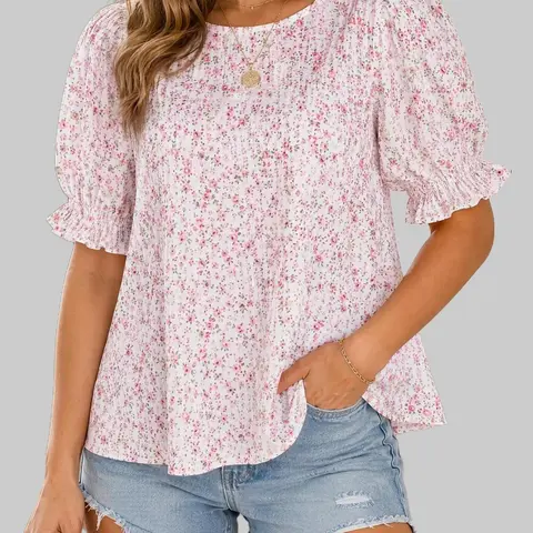 ZEAGOO Women's Cute Floral Print Crew Neck Smocked Puff Short Sleeve Soft Fabric Dressy Casual Top (an201,bf106,bf352,cx107) - Back Keyhole, All Occasions, Cute Tops for Women, Thanksgiving Wear, Trendy Blouses, Spring Fashion, Great Fit, Check Size Chart