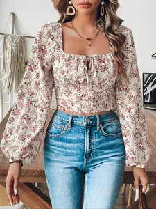 Women's Floral Print Blouse, Elegant Fashion Casual Bishop Sleeve Top for Daily Holiday Vacation Wear, Women Clothing for Spring & Fall, Womenswear