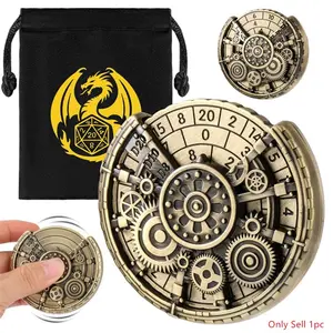 Steampunk Style Gear Dice Tray, Indoor Entertainment Role-Playing Board Game Accessory, Dual-Sided Fingertip Rotatable Wheel, 7-In-1 Number Dice Spinner with Portable Storage Bag