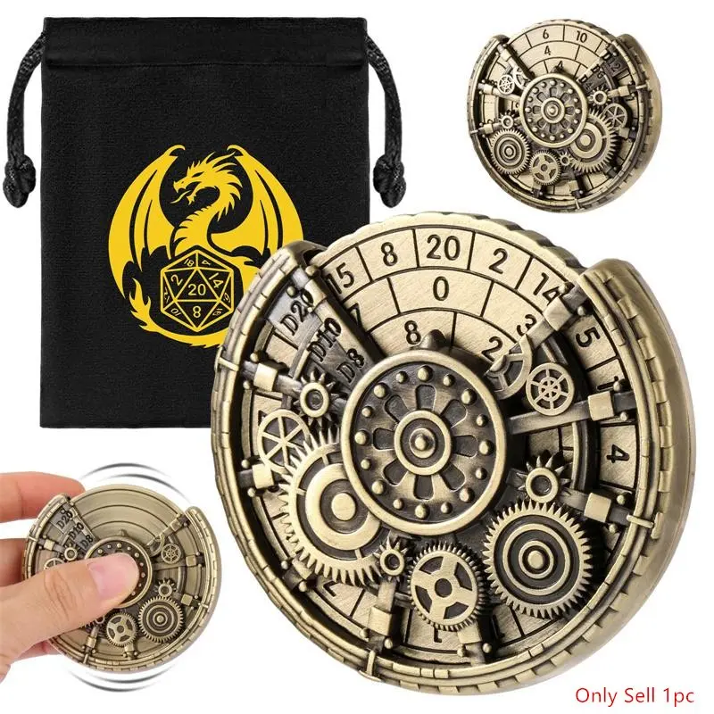 Steampunk Style Gear Dice Tray, Indoor Entertainment Role-Playing Board Game Accessory, Dual-Sided Fingertip Rotatable Wheel, 7-In-1 Number Dice Spinner with Portable Storage Bag