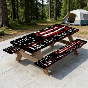 3pcs Set Picnic Table Cover with Bench Cover and Elastic Edges Decorated with A Patriotic American Flag Design Pattern Suitable for Outdoor Activities Such As Camping Picnicking and Park Gatherings