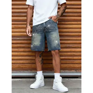 Men's Gradient Wash Denim Shorts, Cotton Comfortable Denim Pants,Rhinestone Embellished Street Style Shorts Ideal for street style, music festivals, night outings, and trendy casual wear